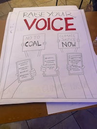 a poster with the words raise your voice no coal now