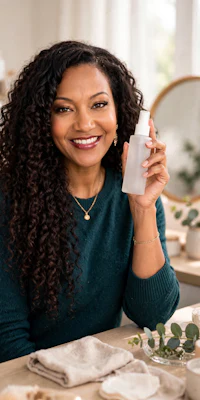 a woman with curly hair holding a bottle of facial cleanser