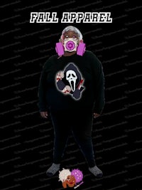 a woman wearing a black sweatshirt with the words scream fall apparel