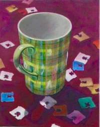 a painting of a coffee cup with colorful pieces of paper