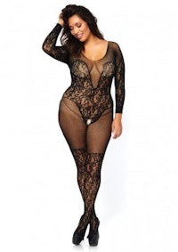 a plus size woman in a black lace bodystocking