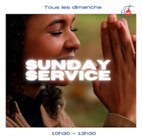 a woman is holding her hands up with the words sunday service