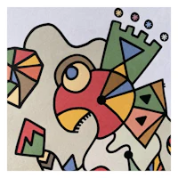 a colorful painting of a bird with colorful shapes