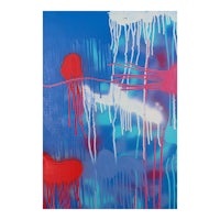 a painting with red, blue, and white dripping paint