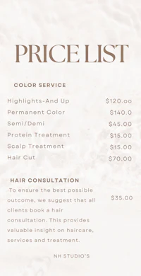 a price list for a hair salon