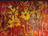 an abstract painting with red and yellow flowers