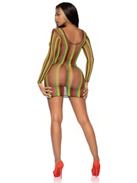 a woman is posing in a colorful striped dress