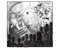 a black and white drawing of a group of people in a room