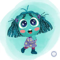 a cartoon girl with blue hair and blue eyes