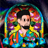 an illustration of a man in a stained glass window