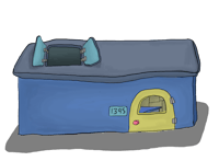a cartoon of a blue house with a blue roof