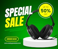 a special sale banner with headphones on a green background