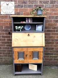 a wooden desk with shelves and a plant on it