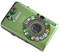 a green camera with flowers on it