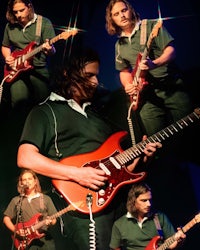 a collage of photos of a man playing an electric guitar