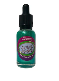 a bottle of e - liquid with a green and purple label