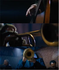 a collage of images showing a man playing a trumpet