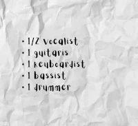 a sheet of crumpled paper with the words 12 vocalist guitars bassist drums