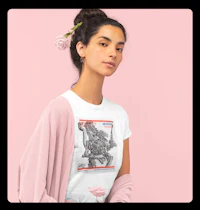 a woman wearing a white t - shirt with an image of a woman holding a rose
