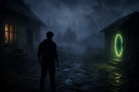 a man is standing in front of a house with a green light on it