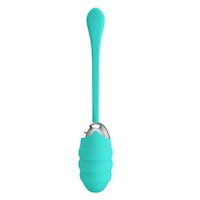 a teal spoon with a metal handle