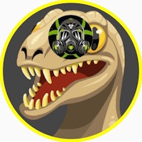 an image of a t - rex with a gas mask on its head