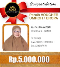 a woman wearing a hijab with the words'perah voucher umfoh europa'