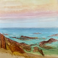a watercolor painting of the ocean and rocks