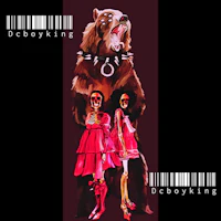 two women in red dresses with a bear in the background
