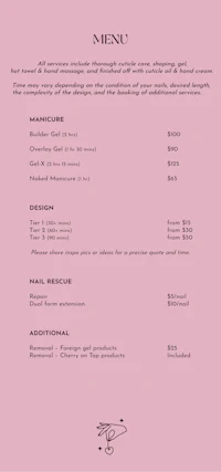 a pink menu with a black background