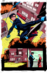 a comic page showing a batman flying over a building