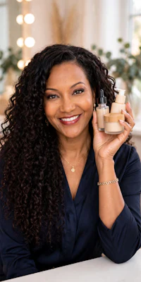 a woman with curly hair holding a bottle of foundation