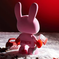 a pink bunny with a knife in front of a red background