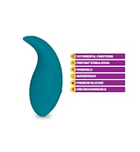an image of a blue sex toy with a description of its features