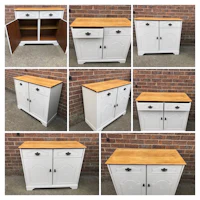 a series of pictures showing a white and wooden sideboard