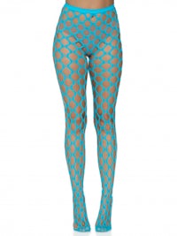 a woman wearing fishnet stockings in turquoise
