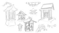 a sketch of several different types of asian buildings