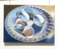 a painting of eggs in a bowl on display