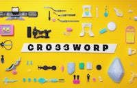 cross3worp - a collection of toys and tools on a yellow background