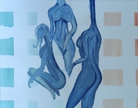 a painting of three women in blue and orange