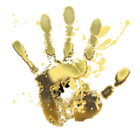 a gold hand print on a black background