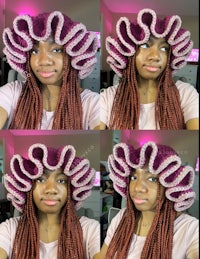 four pictures of a woman wearing a crocheted hat