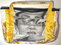 a tote bag with an image of a woman smoking a cigarette