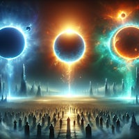 three planets in the middle of a field of people