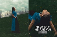 two pictures of a woman laying on a grassy field