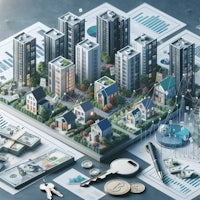 a 3d model of a city with money and keys