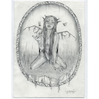 a black and white drawing of a woman with wings