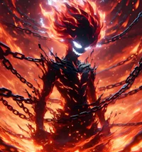 an image of a demon with flames and chains