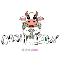 a cartoon cow with the words cash cow on it