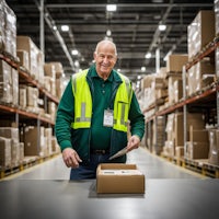 a man cutting a box in a warehouse